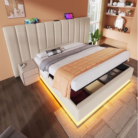 Lit coffre 160x200 cm en  beige avec LED 360° et ports USB/USB-C, sommier à lattes inclus (1/5)