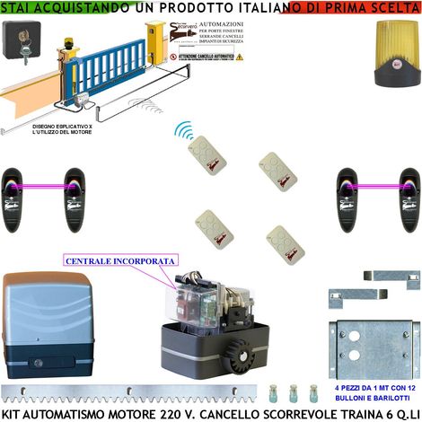 KIT AUTOMATISMO CANCELLO SCORREVOLE DA 4 MT MOTORE 220 V CON CENTRALE TRAINA 6 Q.LI 4 RADIOCOMANDI FARO ANTENNA SELETTORE 2 FOTOCELLULE (1/4)
