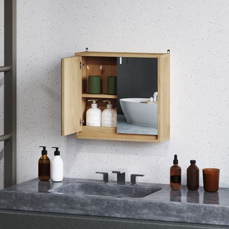 Mobiletto da bagno HOMCOM con specchio, 2 ante e ripiano regolabile, stile moderno, a parete, 48x14,5x45 cm, colore naturale.