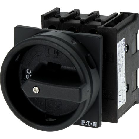 Eaton Interruptor principal, P1, 25 A, montaje, 3 polos, 1 NA, 1 NC, función HALT, con maneta giratoria negra y anillo de bloqueo, bloqueable en posición 0, 070194