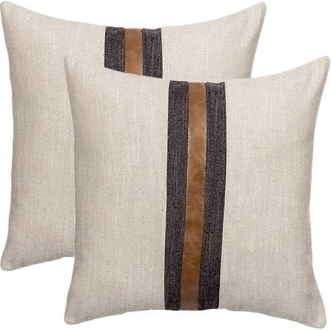 Filiyano-Ensemble de 2 housses de coussin d'extérieur en similicuir beige patchwork, lin et similicuir marron, motif aigle, 30 x 30 cm. (1/5)
