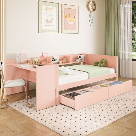 Lit combiné enfant - SOGEU - 90x200 - Blanc/Rose - Bureau intégré - Tiroirs de rangement (1/5)