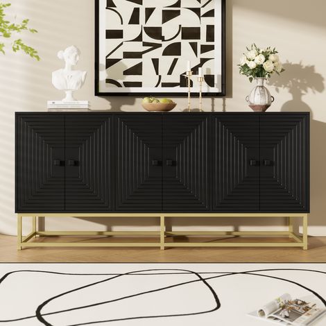 Buffet Bas de Salon Noir Mat 160cm - Meuble de Rangement Design Minimaliste avec 3 Portes Doubles à Relief Géométrique et Piétement en Métal Doré - 160x38x75,5cm (1/4)