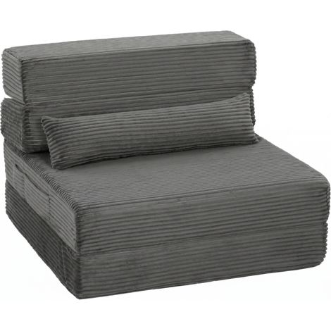 Fauteuil de sol pliable convertible en lit 70 x 200 cm velours côtelé avec coussin lombaire gris foncé (1/5)
