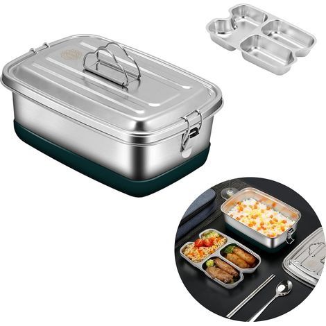 Lunch Box,Boite bento,304 Boîte Bento en Acier Inoxydable, 2000ml Grande Bento Box 3 Compartiments Boîte à Lunch en Métal Boite,pour pique nique, école, bureau, adultes,micro ondes. (1/5)