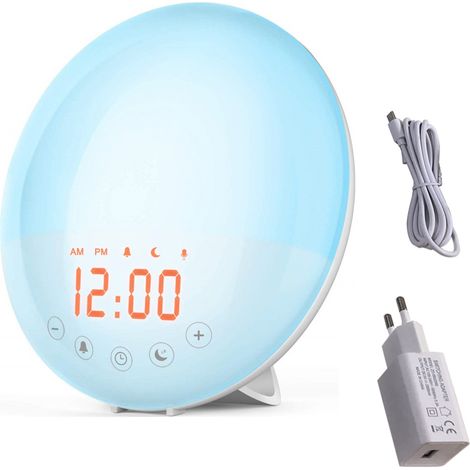 Reloj despertador LED inteligente con simulación de amanecer y luz ambiental colorida para ayudar a conciliar el sueño. (1/5)