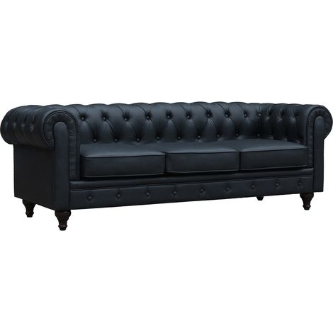 Habitat Et Jardin – Canapé Chesterfield 3 places noir – Revêtement en PU capitonné – Dimensions 208 x 82 x 70 cm – Design British