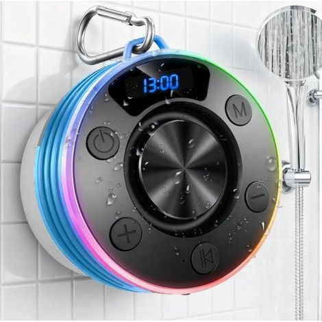 Enceinte Bluetooth portable pour la douche avec crochet et ventouse - Étanchéité IPX7, affichage numérique de l'heure - Bleue (1/5)