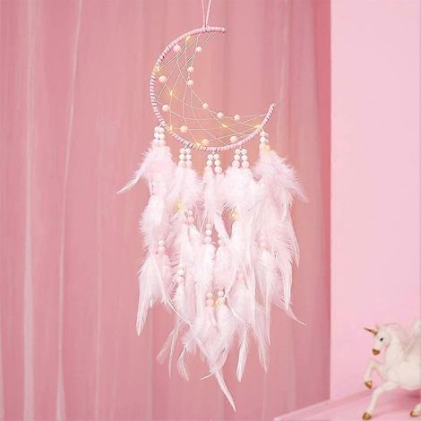Handgefertigter LED-Traumfänger, Wanddekoration im Bohème-Stil, Geschenk (rosa)