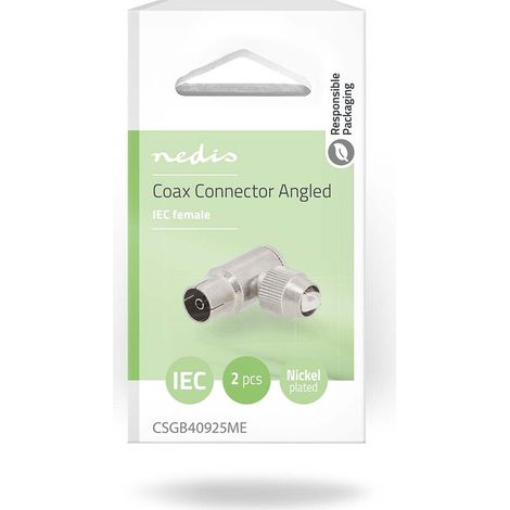 Nedis IEC (Coax) Stecker / 90° abgewinkelt / Buchse / Vernickelt / 75 Ohm / Schraube / Kabeleingangsdurchmesser: 7.0 mm / Metall / Silber / 2 Stück / Gift Box with Euro Lock