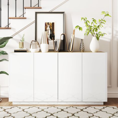 Esszimmer-Sideboard, Küchen-Sideboard mit 4 Soft-Close-Türen und verstellbaren Einlegeböden, 140 cm (B) x 40 cm (T) x 75 cm (H), weiß lackiert