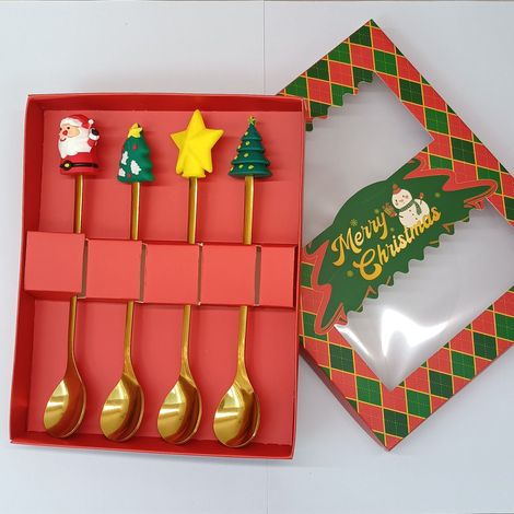 Coffret cadeau cuillère et fourchette en acier inoxydable avec figurines de Noël (ensemble de 4 pièces incluant des cuillères à figurine, dans une boîte cadeau rouge) (1/4)