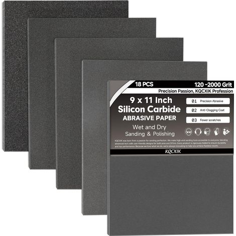 Assortiment de papier abrasif humide et sec, 22,9 x 27,9 cm – 18 pièces (grains 120/180/240/320/400/600/800/1000/2000) Dos flexible importé, carbure de silicium (1/5)