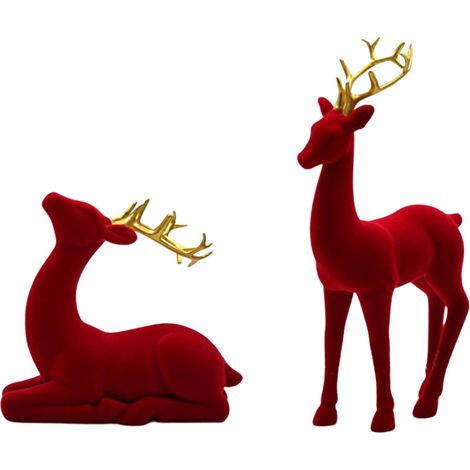 Statue De Renne - Flocage Velours Rouge - Décoration De Table Noël - Pour Cheminée Et Intérieur - Lot De 2 Pièces (1/5)