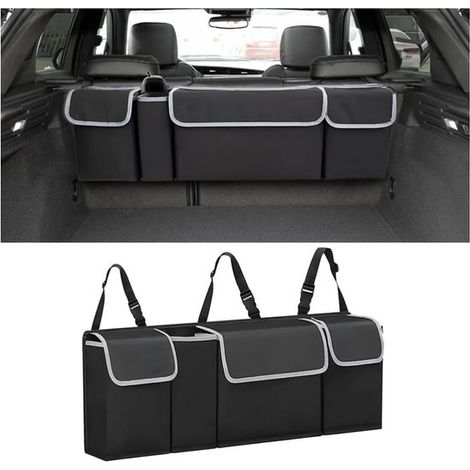 Organizador para asiento de coche, organizador para asiento trasero, bolsa de almacenamiento para coche, 4 compartimentos de almacenamiento, almacenamiento interior para coche, 90 x 8 x 25 cm, negro (1/5)