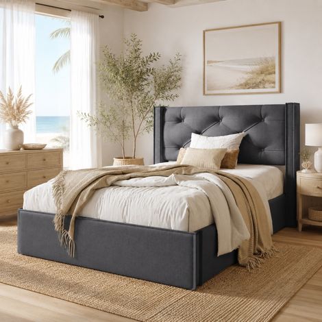 Letto contenitore singolo 90x200 cm, con sollevamento idraulico e rete a doghe, rivestimento in cotone grigio, senza materasso (1/5)