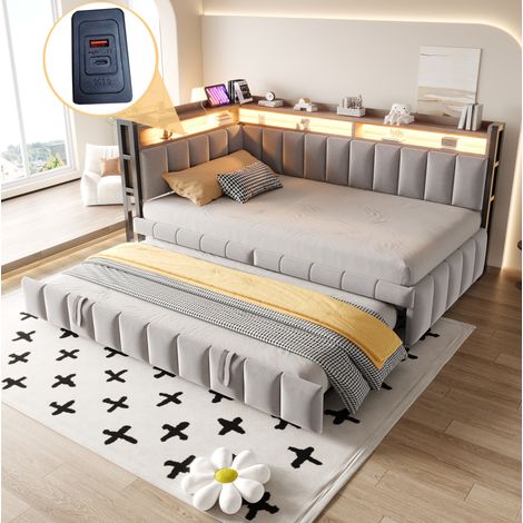 Letto bambini 90x200 cm con letto aggiuntivo 90x200 cm, illuminazione LED, vani portaoggetti e porte USB-Type-C, senza materasso, grigio chiaro (1/5)