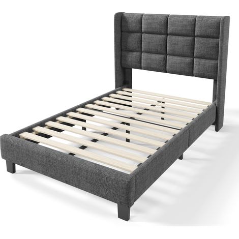 Cama individual capitoné 90x200 cm con cabecero y somier de láminas, gris lino, HOMVRA (1/5)