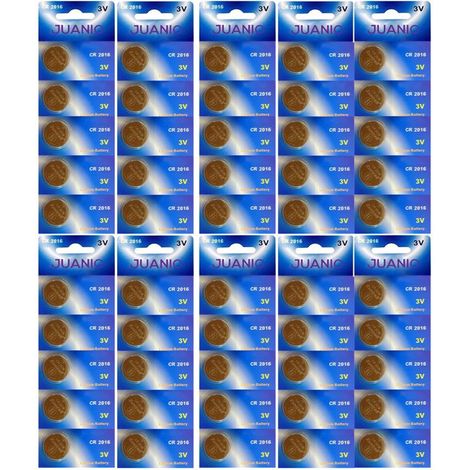 Lot de 50 Piles 3V lithium bouton plates type CR2016 compatibles DL2016B/BR2016-1W/CR2016-1W/KCR2016/L10/LM2016/LF - Juanio - (1/2)