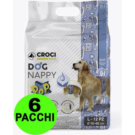 Croci Dog Nappy Pop - Fascia Assorbente per cani maschi, taglia L - Ø 50-60 cm, Mutanda pannolino igienico pipi cane, Antiodore, Usa e getta, Chiusura adesiva regolabile, 12 pz