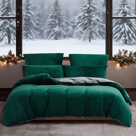 Winter Bettwäsche 200x200 cm Dunkelgrün Grau Kuschelig Warm Flanell mit Reißverschluss