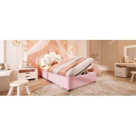 Lit rembourré 90 x 200 cm (matelas non inclus) avec bandes lumineuses LED et mécanisme de relevage hydraulique  design en forme de couronne, hauteur de tête de lit réglable, revêtement en PU, couleur  (1/5)
