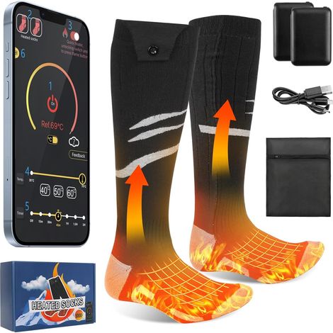 Chaussettes Chauffantes avec APP Batterie Rechargeable 5000mAh/8500mAh Chaussettes Chauffantes 4 Températures Réglables Cyclisme en Plein Air Camping Randonnée Moto Ski Taille S/M/L
