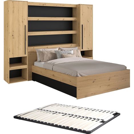 Letto a ponte 160 x 200 cm Con vani portaoggetti Con LED Naturale e Nero + Rete - VARLY (1/5)