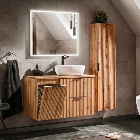 Conjunto mueble lavabo individual 100cm cesto de ropa y columna Adriel Madera (1/5)
