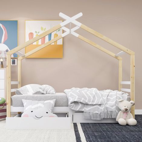 Lit maison pour enfant 90×200cm en pin massif blanc et couleur bois,avec tiroirs et cadre à lattes,lit sécurisé pour enfants et adolescents (1/5)