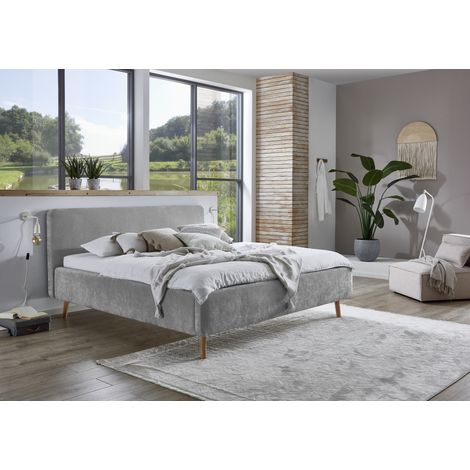 Meise Möbel Polsterbett Mattis 180x200 cm Doppelbett Bettgestell skandinavisches Kopfteil Strukturstoff Grau Holzfuß eichefarbig (1/5)