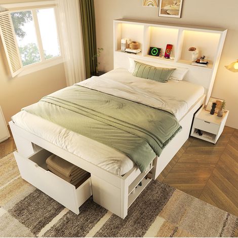 Bett Einzelbett Stauraum 90x200 Holz Weiß OKMYHOME (1/5)