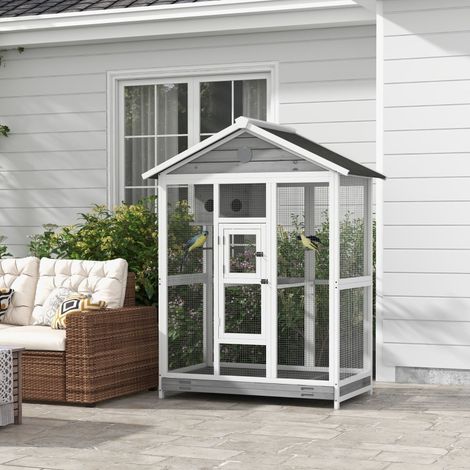 Pajarera de madera blanca y gris 112x68x154 cm con techo impermeable FloraGrace (1/5)