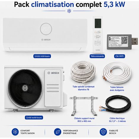 Bosch – Climatiseur réversible monosplit 5,3 kW – Technologie DC Inverter – Classe A++ en froid et A+ en chauffage – Kit de raccordement 3 m (1/5)