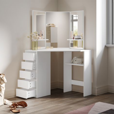 ELEGANT Corner Dressing Table Makeup Dresser Desk with 3 Large Mirrors 5 Drawers White Vanity Console Bedroom Modern Furniture, Single table