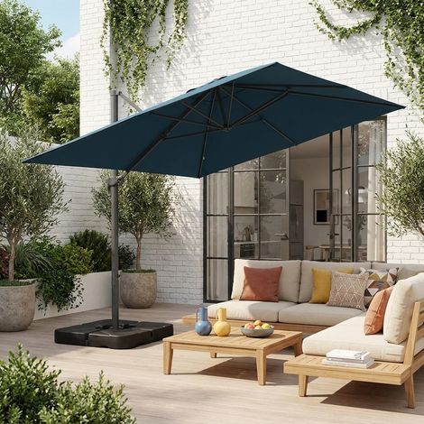 Parasol déporté rectangulaire 3x4m + dalles à lester 50x50cm bleu canard - Wimereux + Fixeo