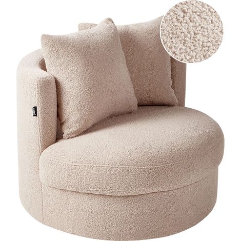 Poltrona moderna Glam con schienale rotondo Base girevole in boucle con due cuscini Beige Dalby