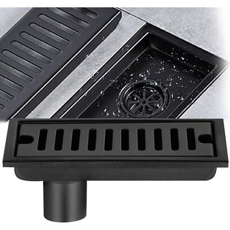 Rectangular Floor Drain, Black Stainless Steel Floor Drain 20x10cm Shower Floor Drain with Double Filter for Toilet Bathroom Drainage Kitchen Balcony