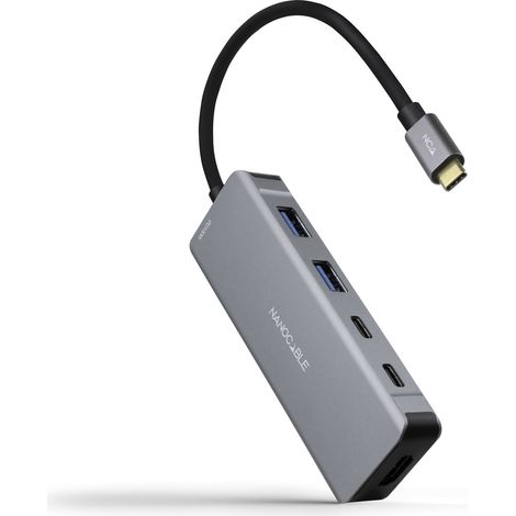 Nanocable HUB USB-C 6-in-1, da USB-C 3.2 GEN1 5G a 2 x USB-A + 2 x USB-C + HDMI + USB-C PD 100W, Alluminio, 15 cm, Grigio (1/2)