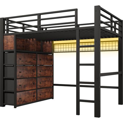 Cama alta metálica negra 140x200 cm con 8 cajones, estantes, panel perforado y LED (1/5)
