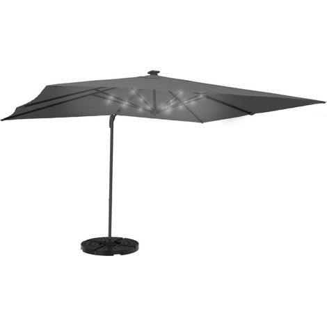 360° drehbarer und neigbarer Sonnenschirm CALVI LED grau 3x4 M mit 4 Fliesen und Hülle