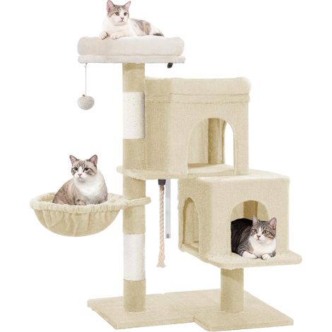 Albero tiragraffi, 95 cm, piccolo albero per gatti, spazioso e stabile, base regolabile, con piattaforma morbida e grande, palline di peluche, grotte, colonne tiragraffi, cestino per gatti (1/5)