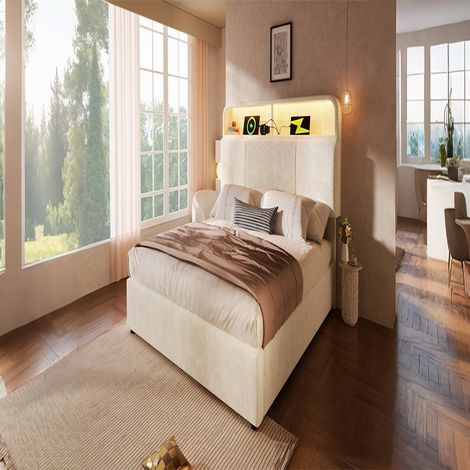 Lit coffre 140x190 cm avec rangement et LED, lit double hydraulique avec tête de lit réglable, ports USB et sommier inclus, velours beige (1/5)