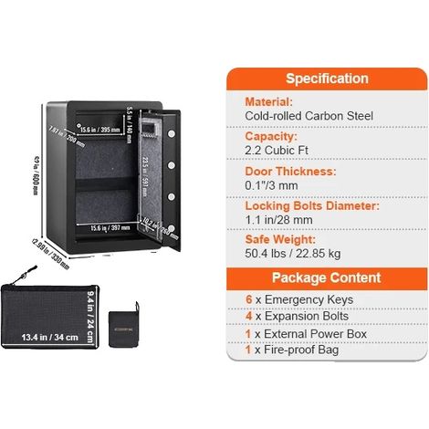 Coffre-fort de sécurité, accès par empreinte digitale, système d'alarme double, 2.2 Pieds Cubes (1/2)