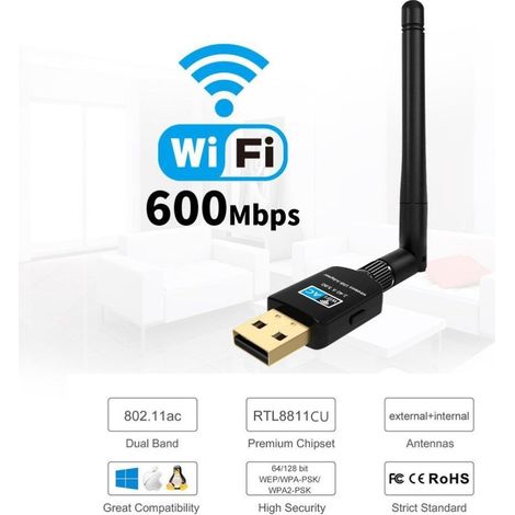Carte réseau WiFi USB 2.4G/5.8G double bande, adaptateur sans fil récepteur compatible Windows XP/Vista/7/8/10 (1/5)