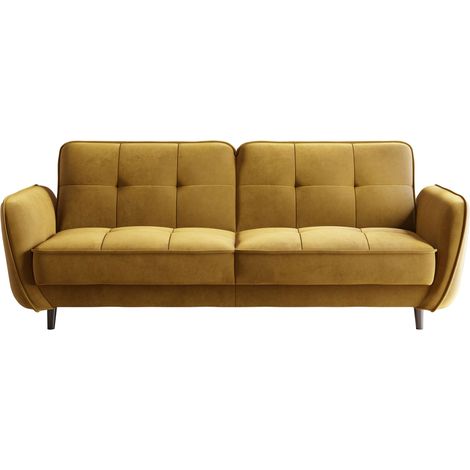 Canapé 3 places convertible en velours BOZA - Pieds bois noir-Jaune curry (1/4)