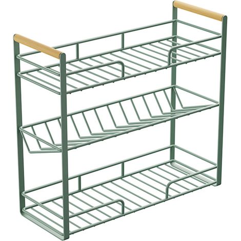 Kitchen Desktop Storage Rack Carbon Steel Beechwood Multifunctional 3 Layer Countertop Organizer for Spice Green (1/5)