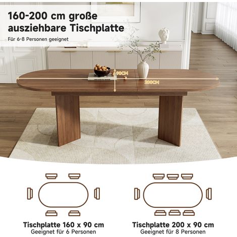 Table extensible 160/200 x 90 cm pour 6 à 8 personnes, angle arrondi, plateau épais, design moderne, bois noyer, meuble salle à manger (1/5)