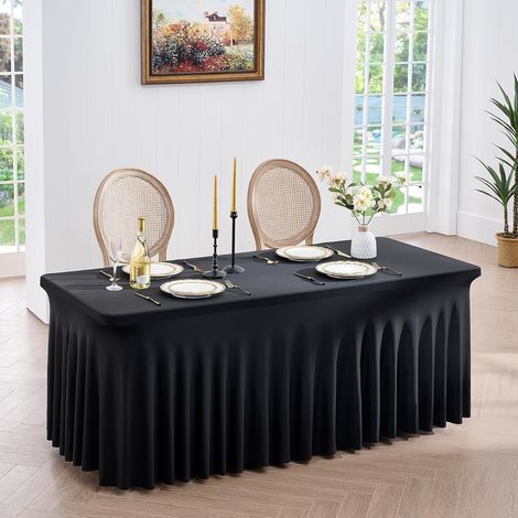 1 Pack Black Spandex Tablecloths for Rectangular Tables 180cm Wrinkle Resistant Stretch Table Cover with Skirt for Banquet Party Wedding Birthday Meeting Decoration (1/5)