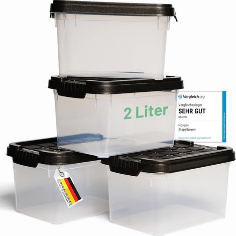 Novaliv 4x boîtes de rangement avec couvercle petit 2 L anthracite Boîtes en plastique empilables et emboîtables avec fermeture à clip Plastique sans
